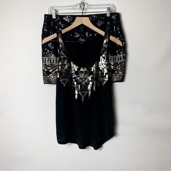 Express Matching Black and Gold Sequence Tank with Mini Skirt Size Medium - Picture 1 of 9